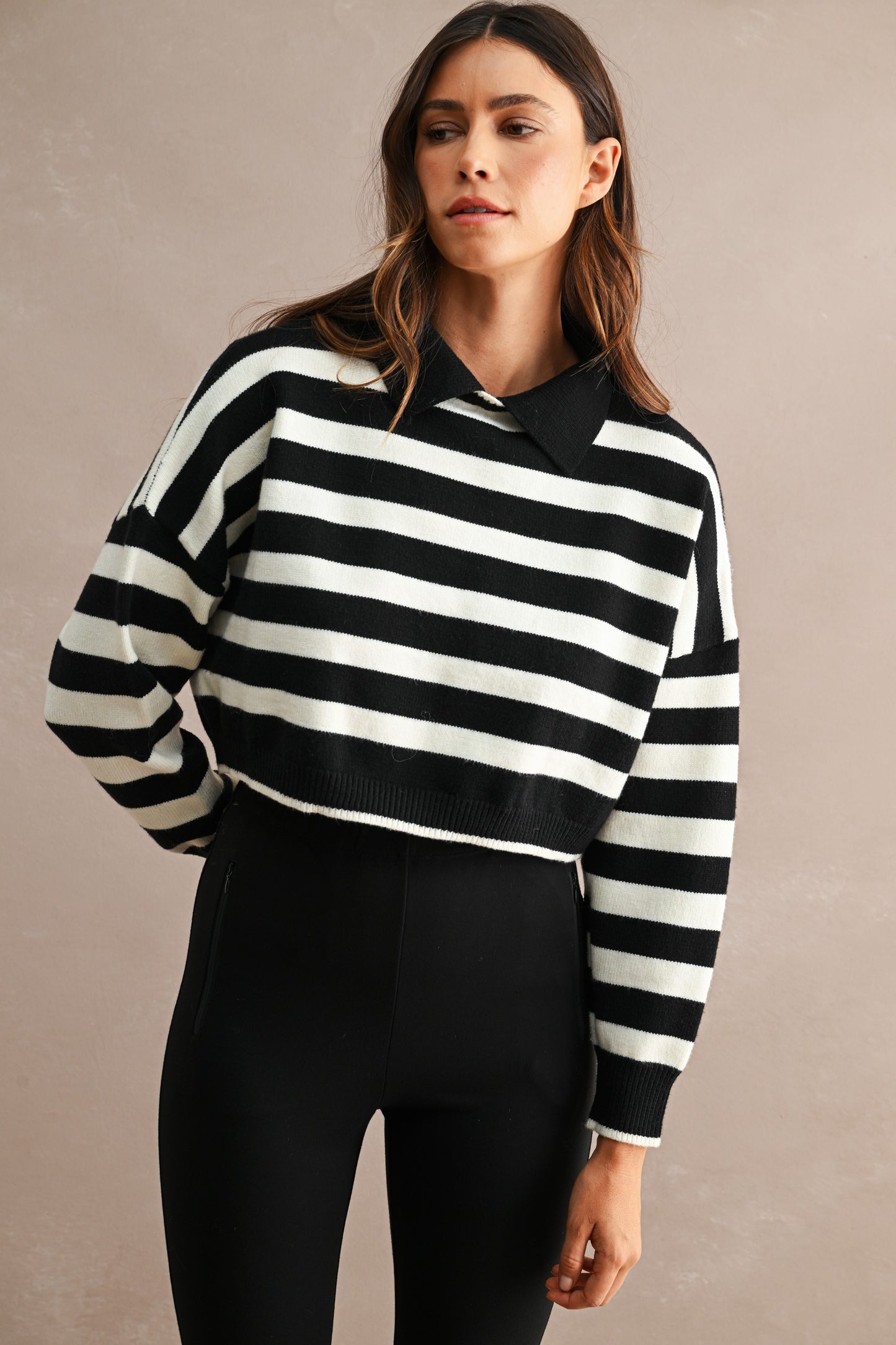 STRIPE CROPPED POLO SWEATER TOP-MT2763SS