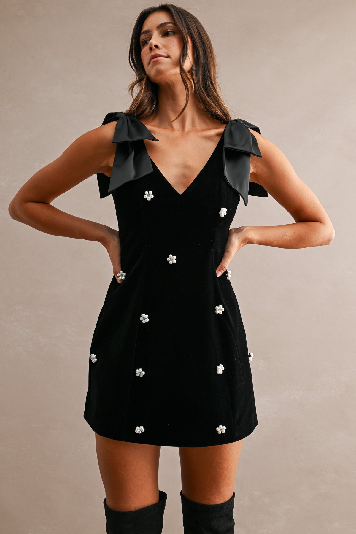 VELVET BOW MINI DRESS