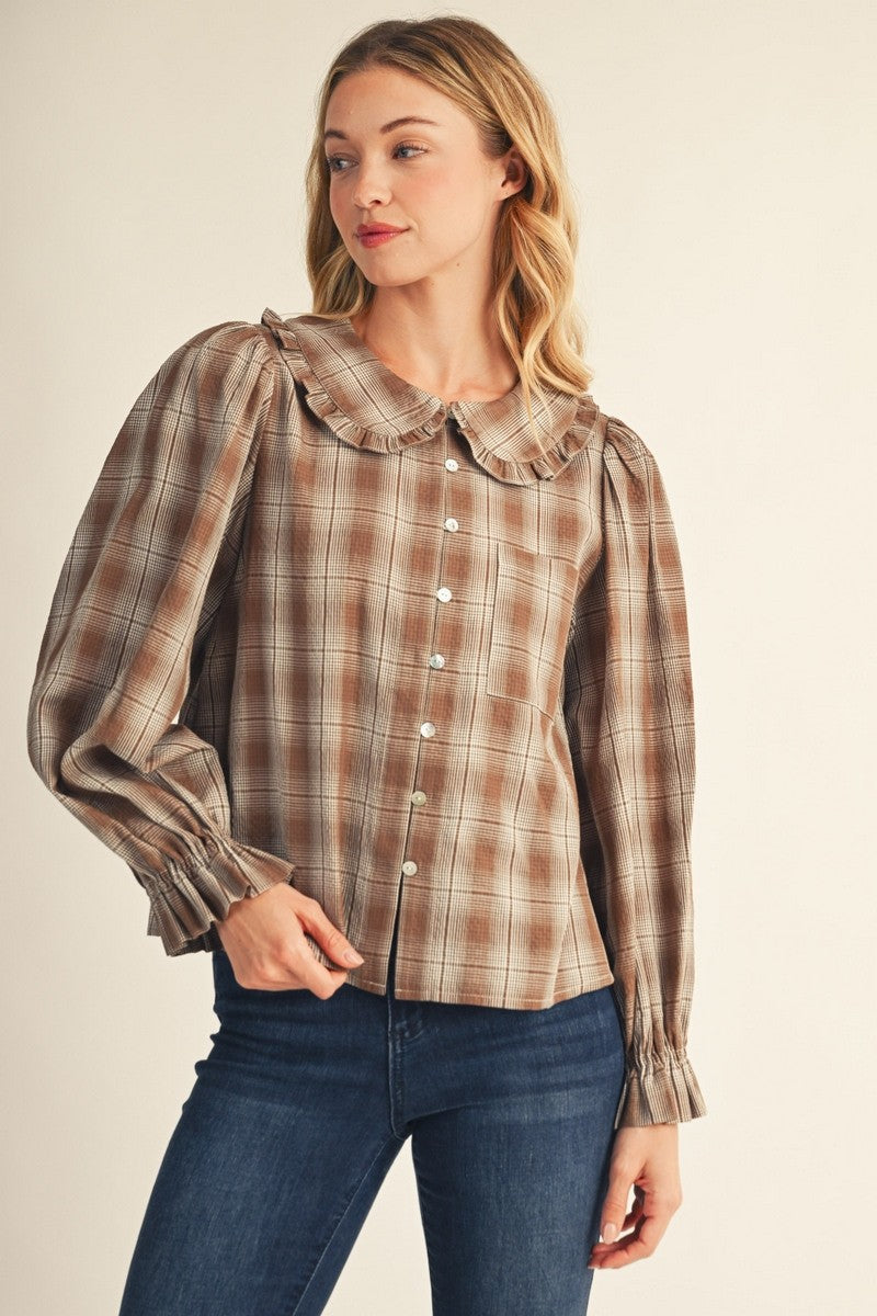 Ruffle Detail Button Down Lovely Plaid Top-B14256