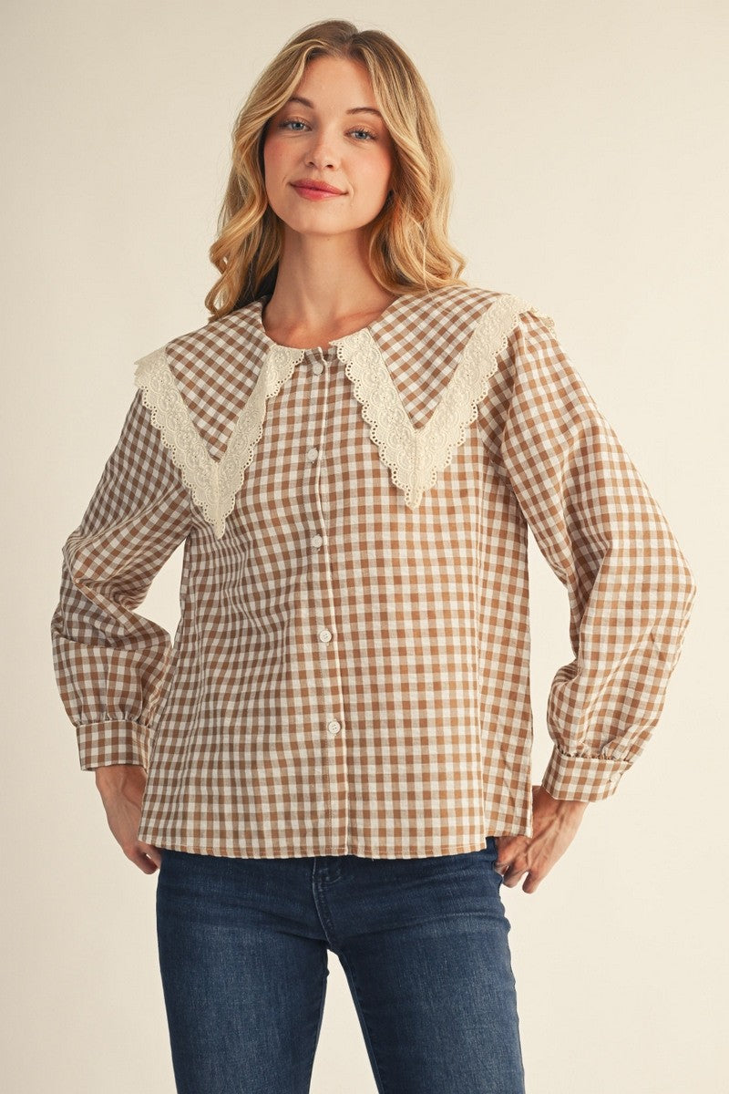 Eyelet Lace Trim Sailor Collared Gingham Check Top-B15101