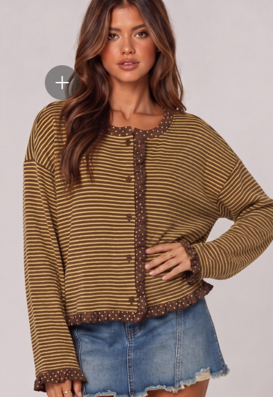 POLKADOT TRIM STRIPE BUTTON-UP CARDIGAN - NT12834