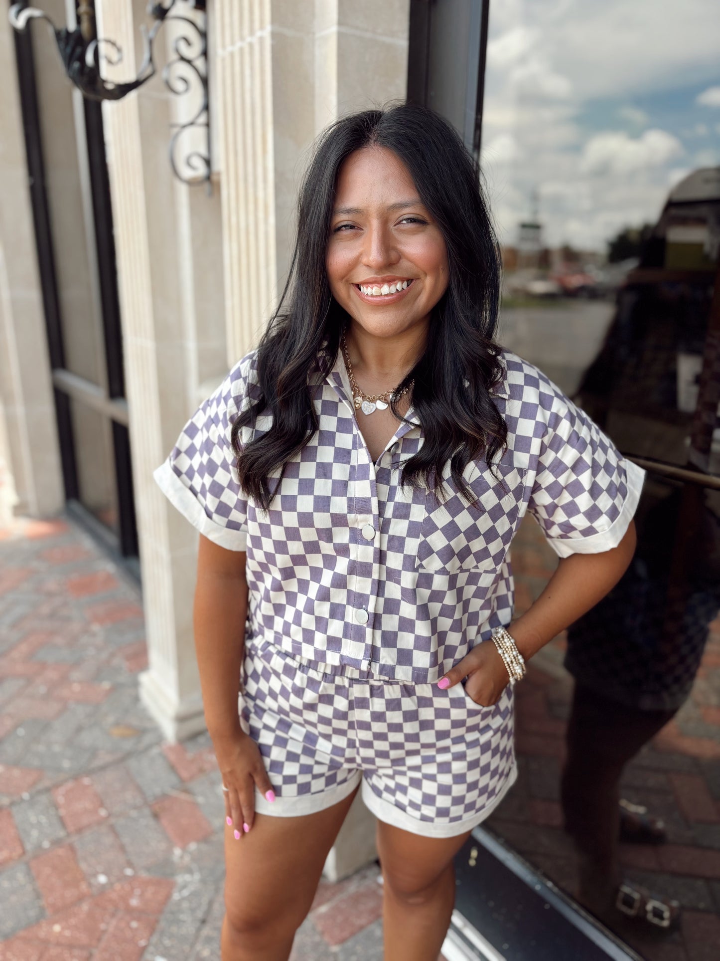 CHECKERBOARD BUTTON DOWN TOP - LAVENDER