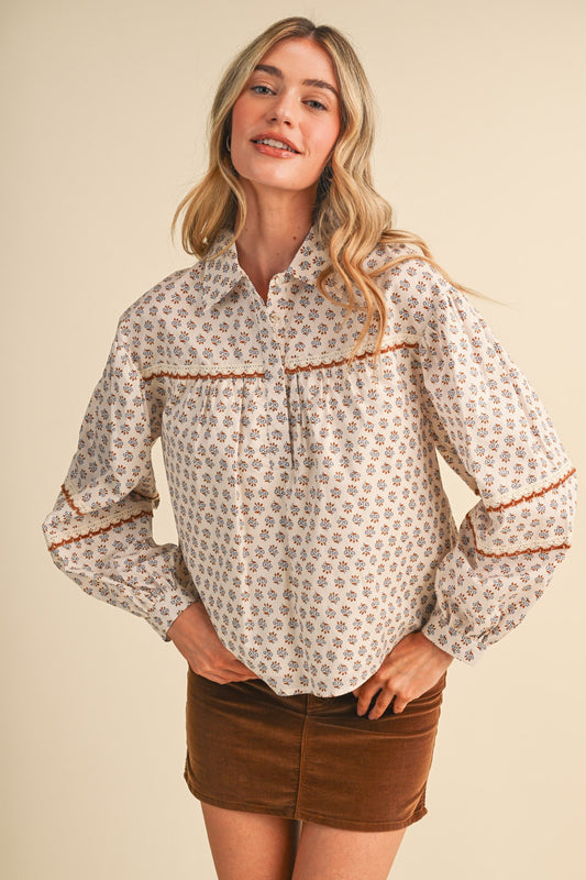 Floral Lace Trim Button Up Top/MTP5218