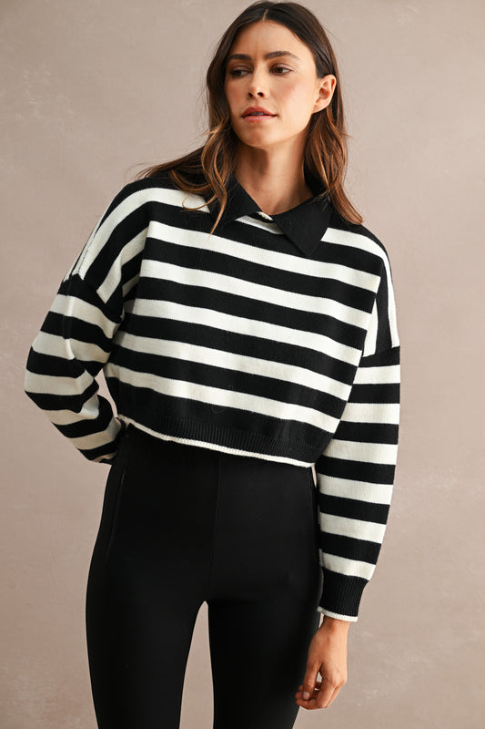 STRIPE CROPPED POLO SWEATER TOP-MT2763SS
