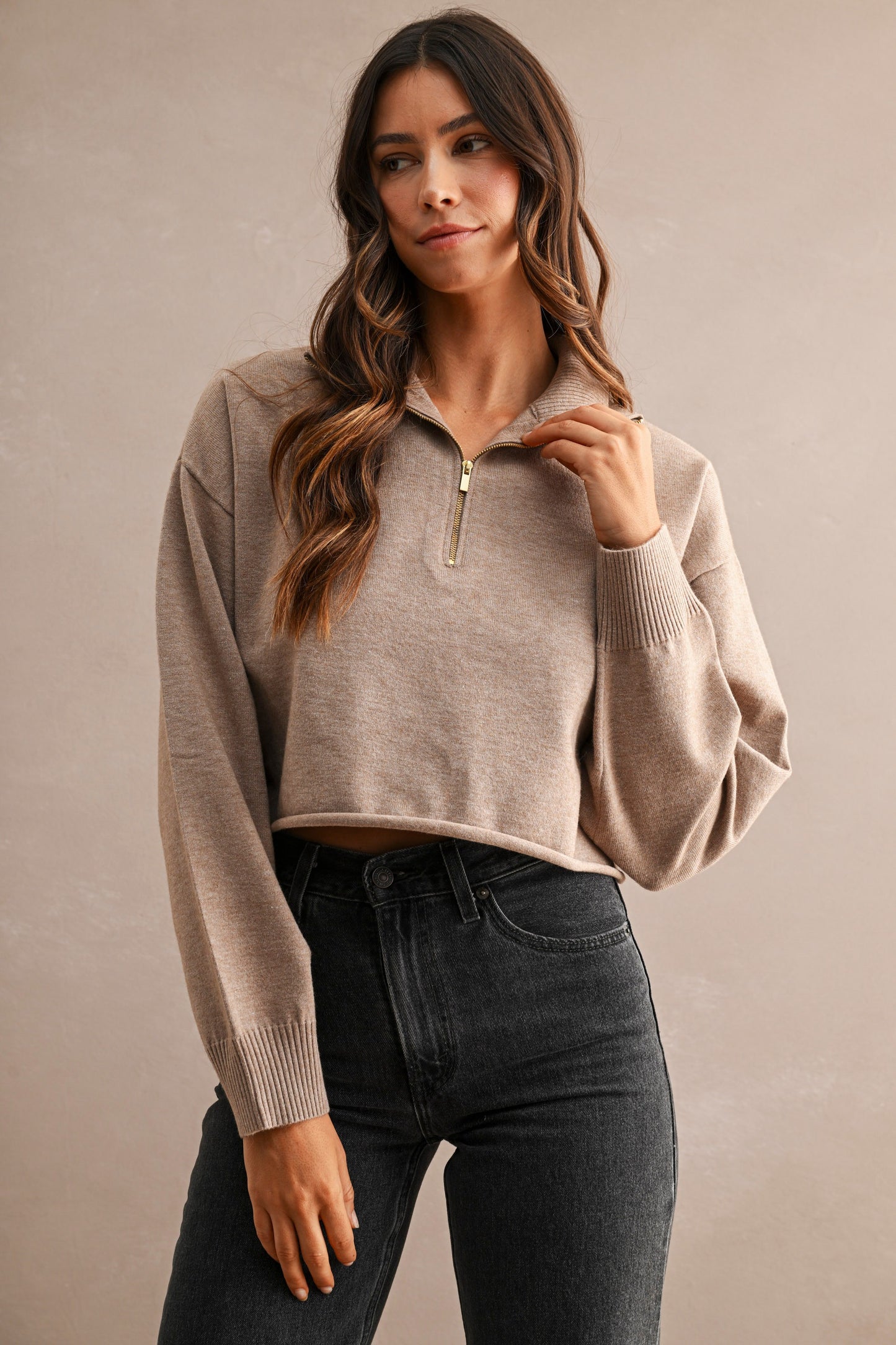 HALF ZIP UP SWEATER CROP TOP-MT2723