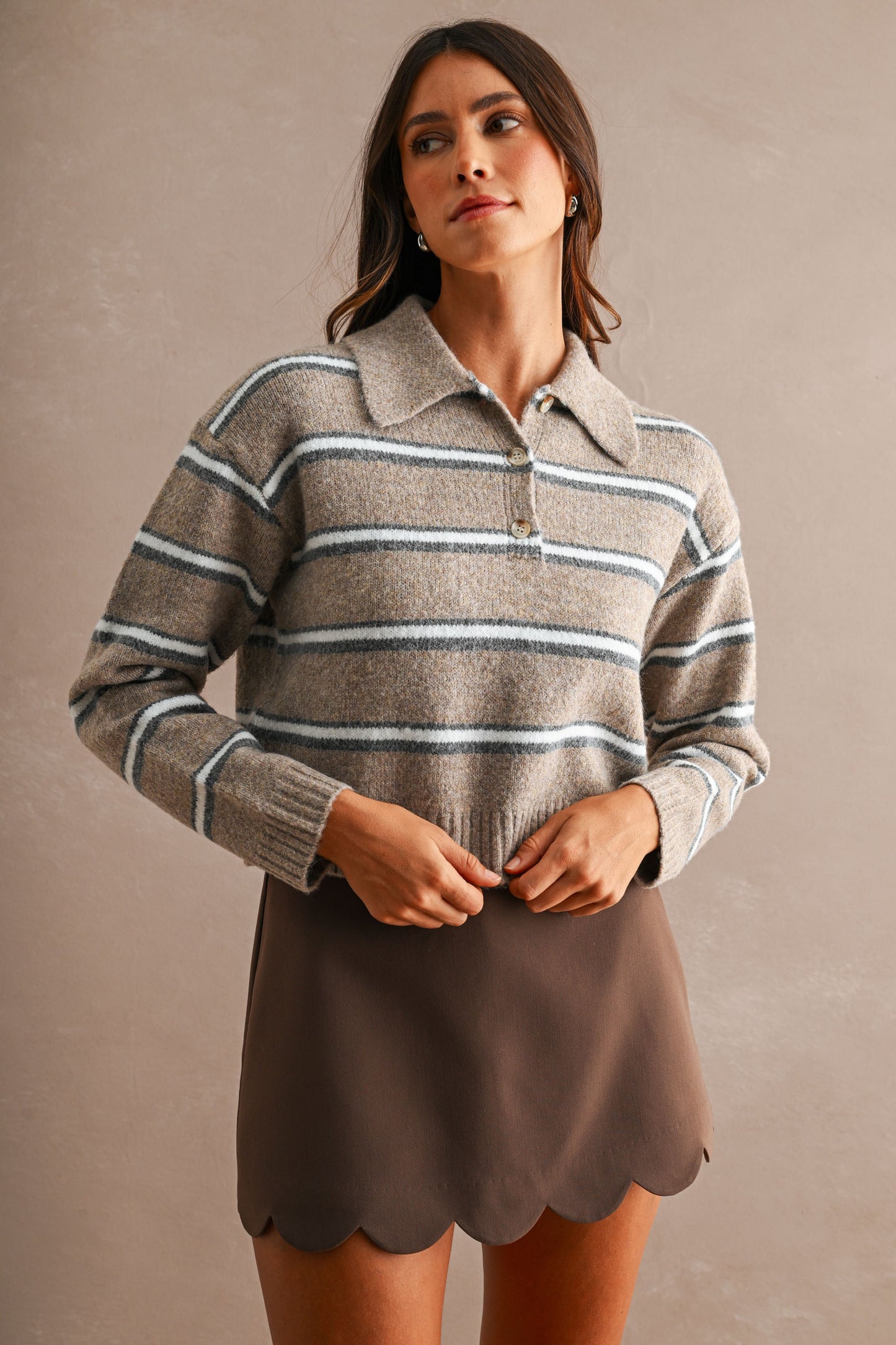 STRIPE COLLARD CROP SWEATER TOP-MT2707