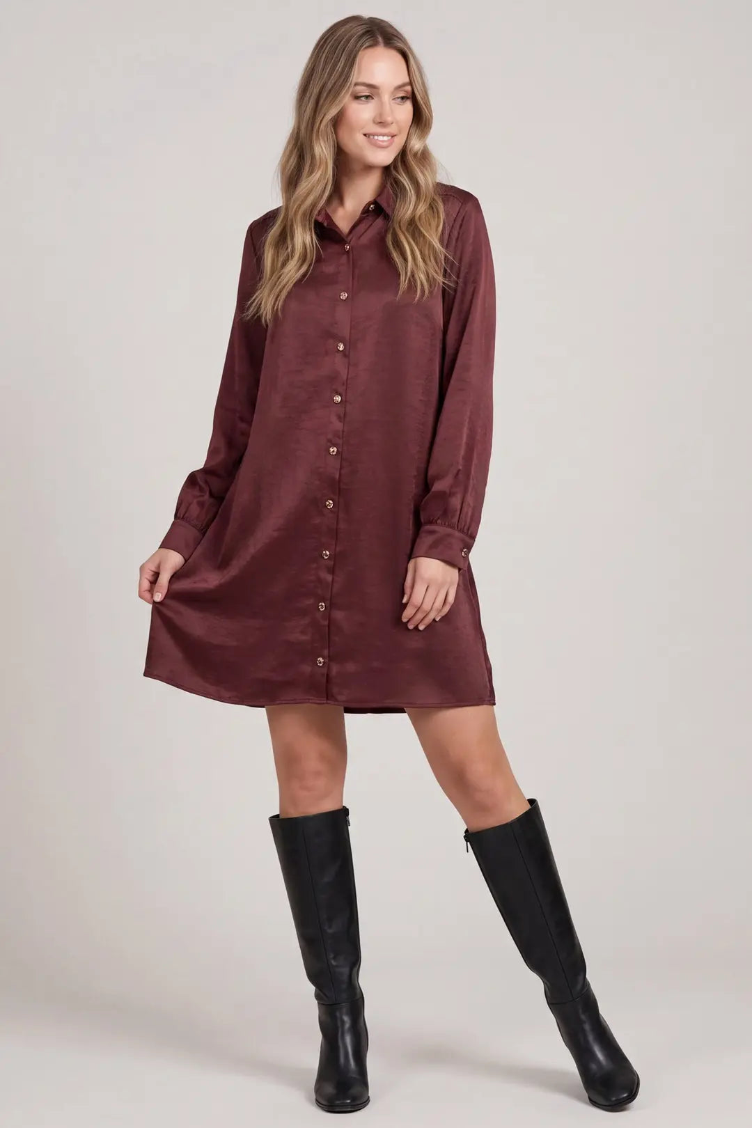 LS SATIN BUTTON DOWN DRESS