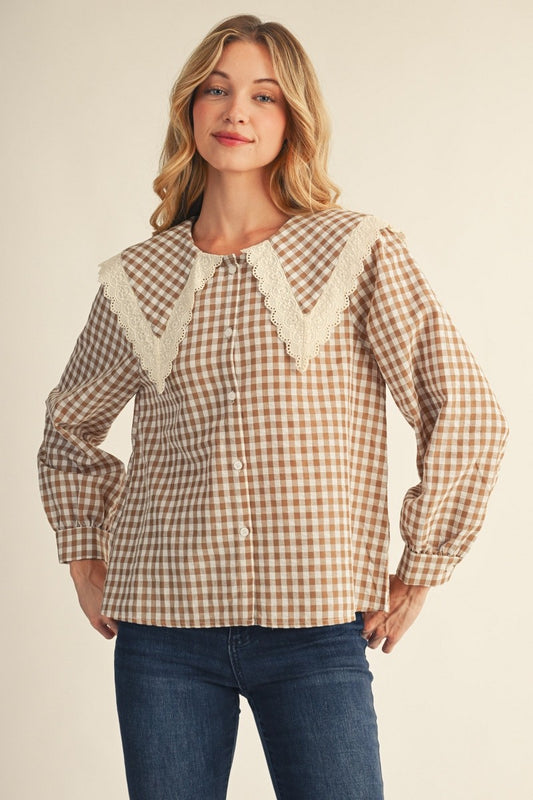 Eyelet Lace Trim Sailor Collared Gingham Check Top-B15101