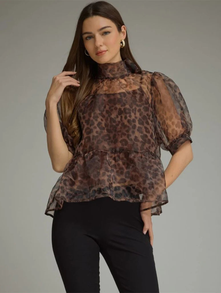 ANIMAL PRINT PUFF SLEEVE TOP-T34003