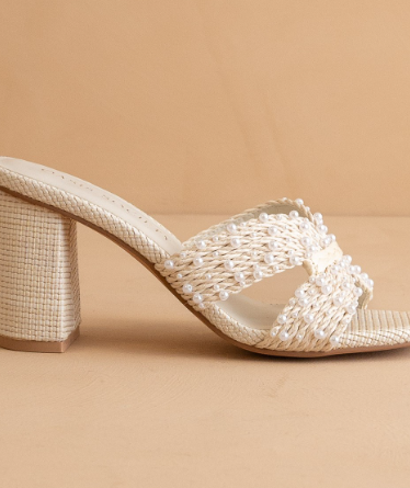 The Tiara Pearl Embroidered Raffia Block Heel