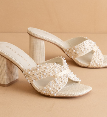 The Tiara Pearl Embroidered Raffia Block Heel