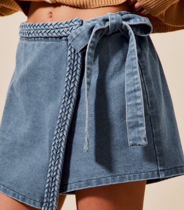 WRAP BRAIDED TRIMMED DENIM SKORT