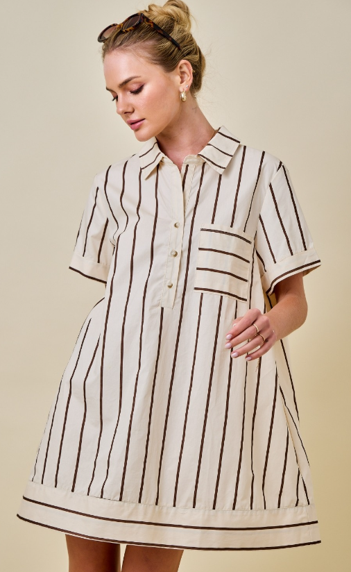 STRIPED COLLARD SHIRT DRESS-BROWN