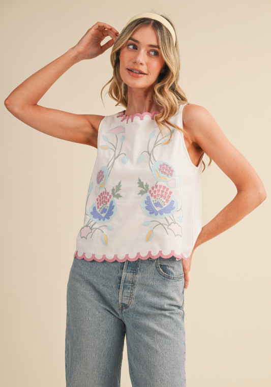 EMBROIDERED SCALLOPED TANK