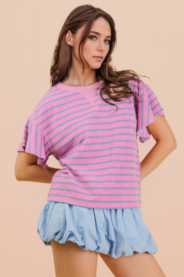 OVERSIZED RUFFLE SLEEVE CAUSAL STRIPE KNIT TOP - NT12476f
