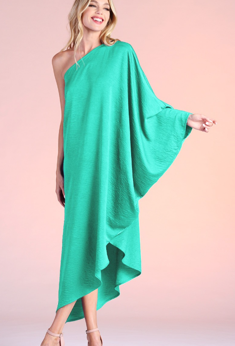 SATIN ONE SLEEVE DRESS-GREEN