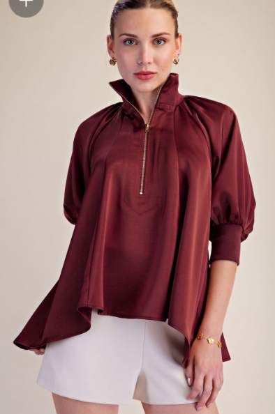 MOCK HALF-ZIP PUFF SLEEVE BLOUSE - T8222