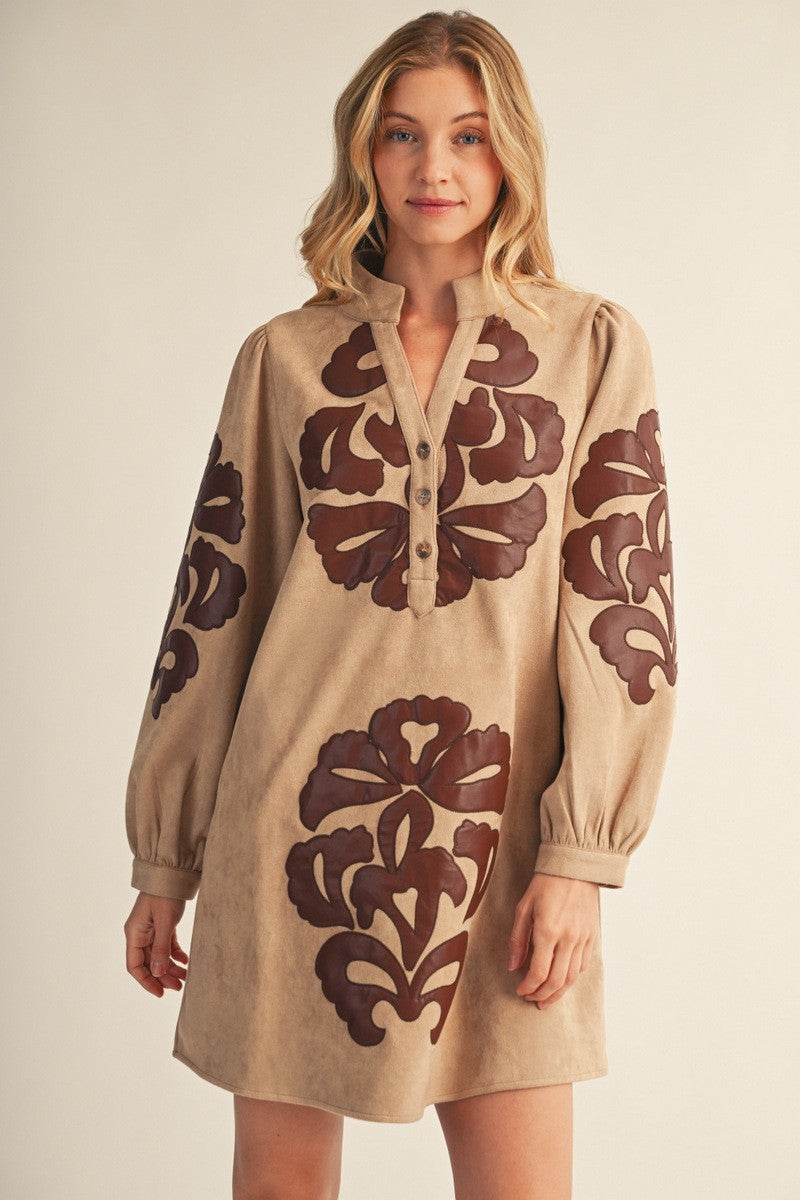 EMBROIDERED FAUX LEATHER DRESS/ G15948